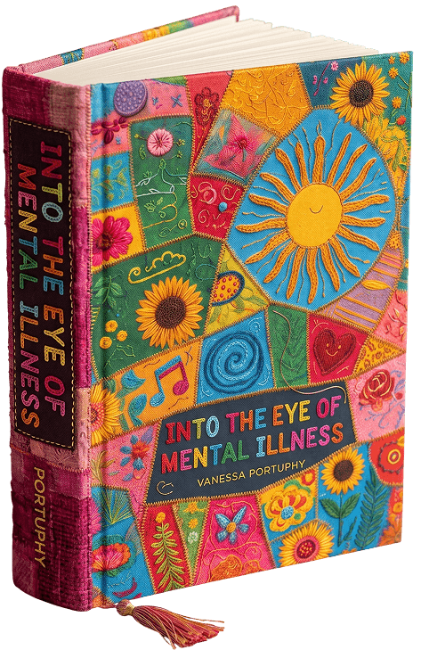 Into the Eye of Mental Illness hardcover with pink spine and tassel bookmark